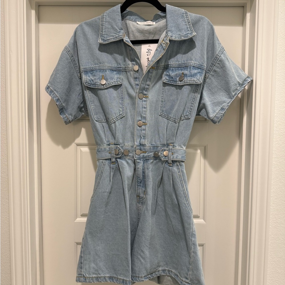 12th Tribe Light Blue Denim Short Sleeve Jumpsuit Dress